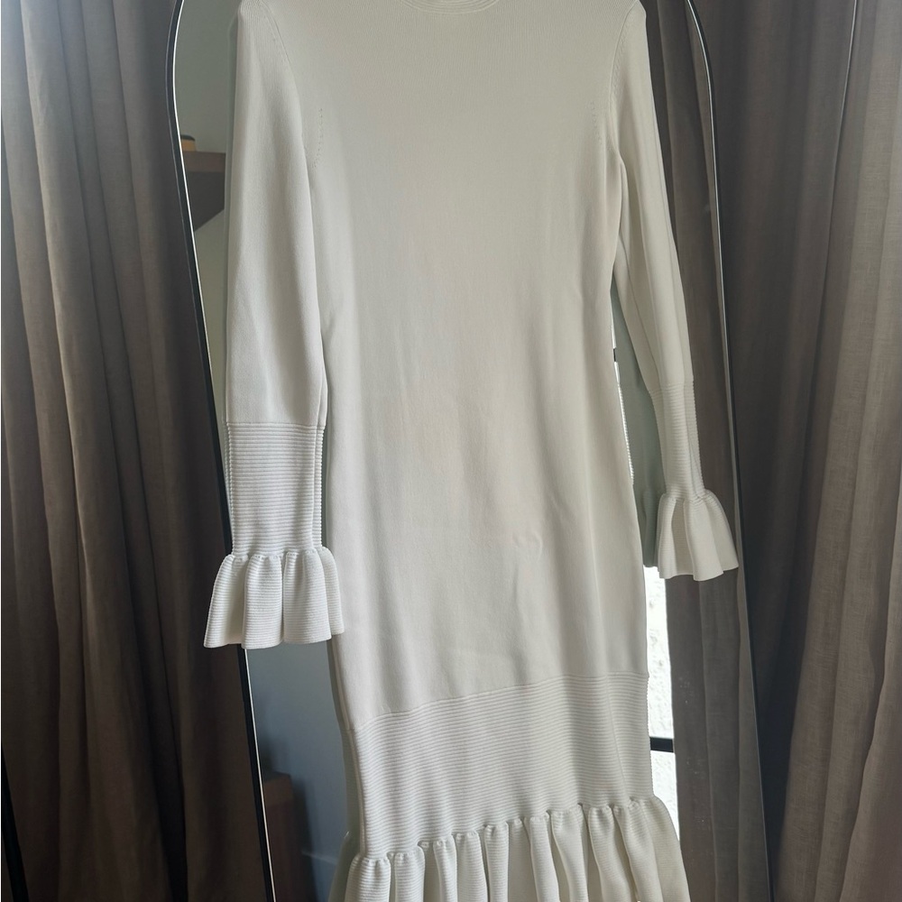Reiss Cream Ruffled Sheath Dress with Bishop Sleeves